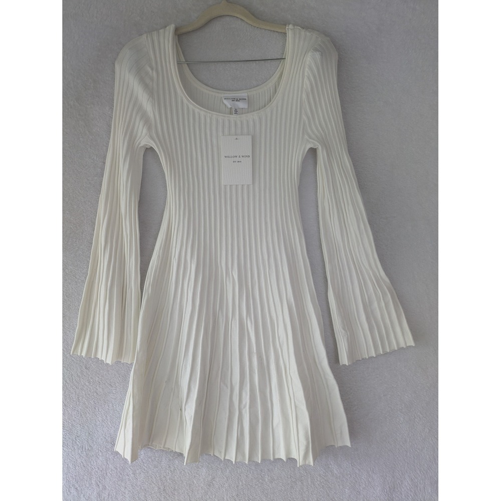 NEW Willow & Wind Dress Women's S Cream Ribbed Bell Sleeve Mini